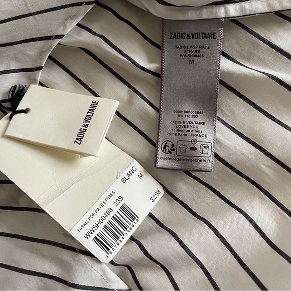 Zadig & Voltaire White Taskiz Pop Raye Strass Striped Shirt Sz M - Picture 15 of 16